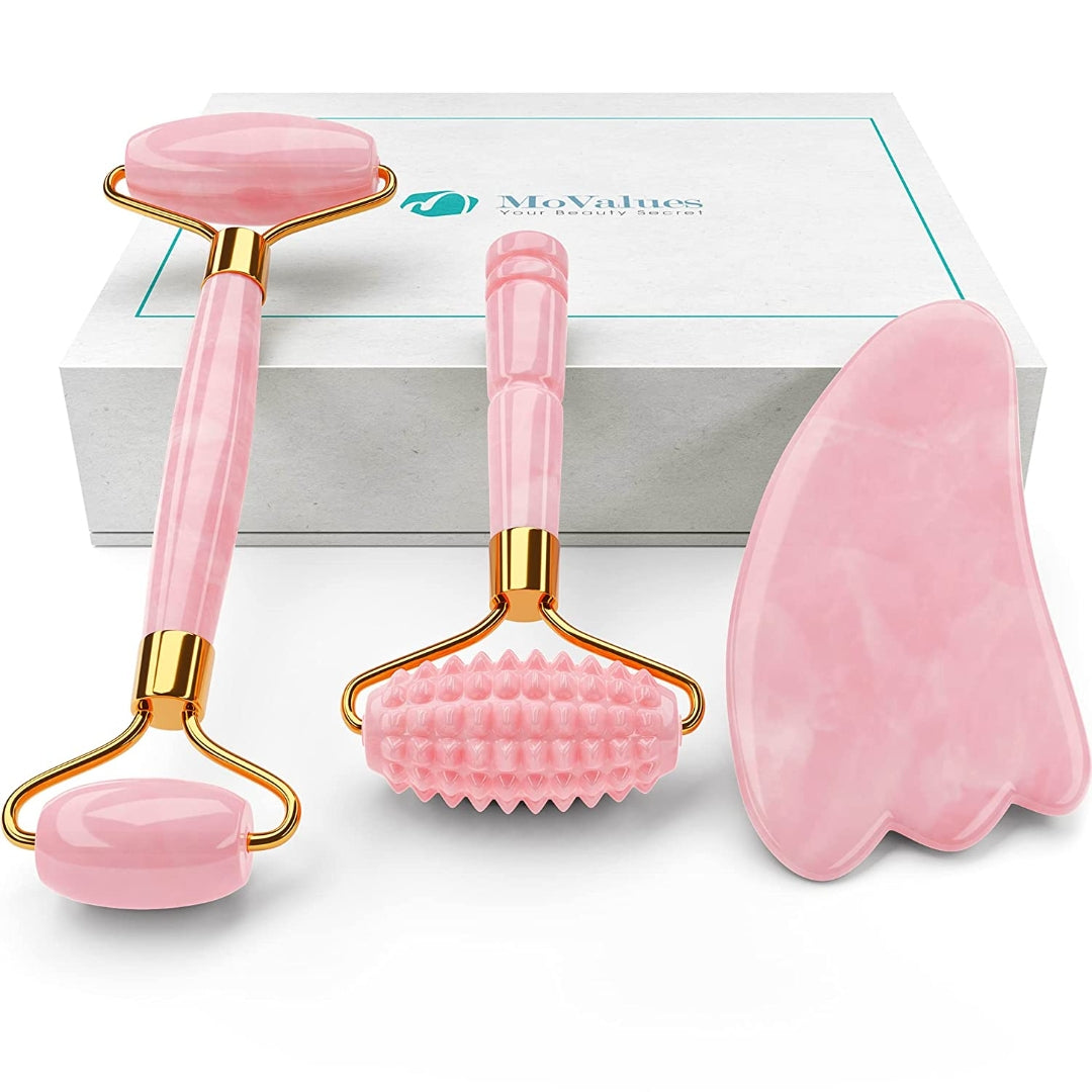 Rose Quartz Roller and Gua sha Facial Tools Set 4 In 1-MOVALUES-HBYTALA